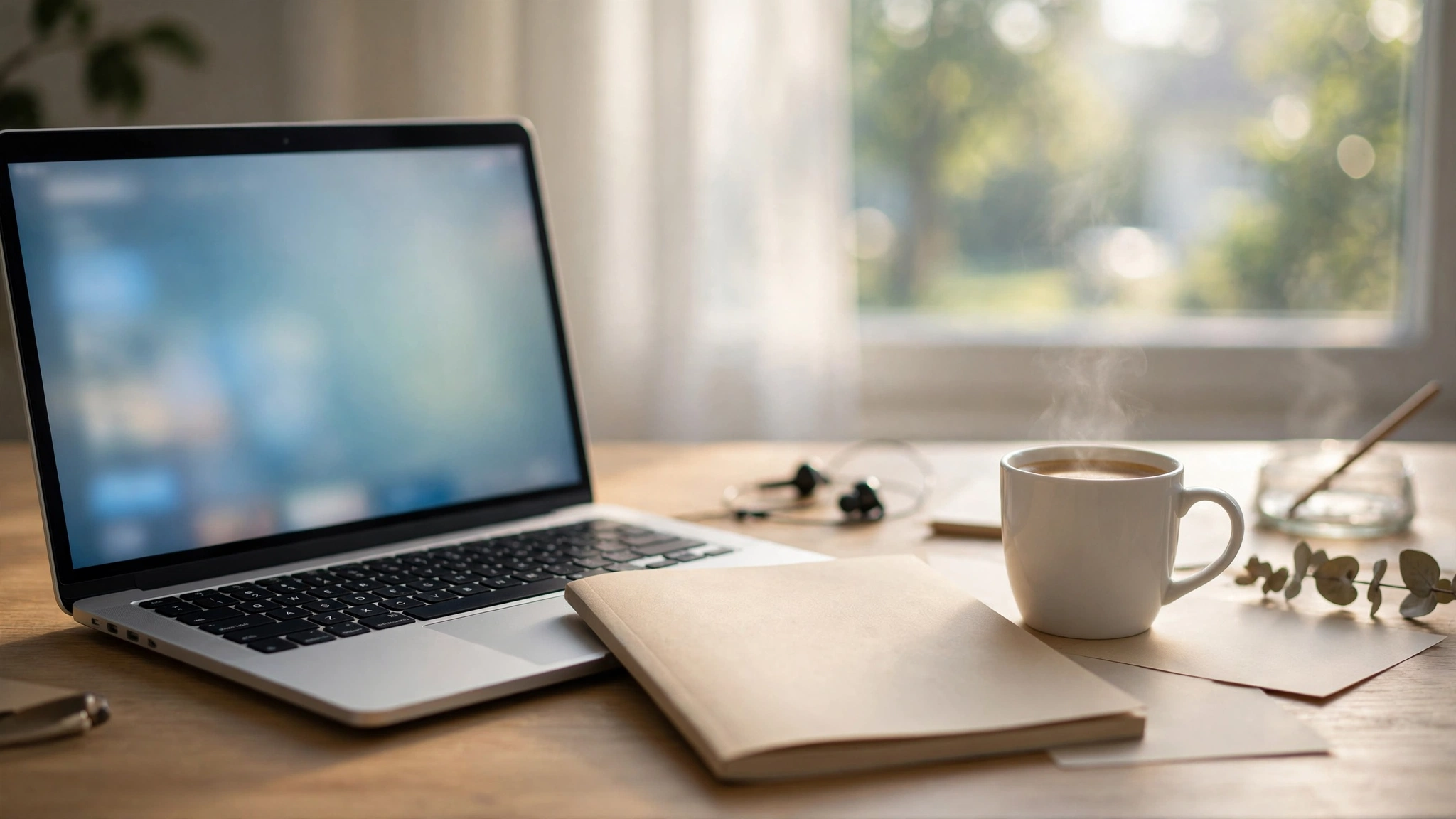 Laptop showing an online practice test beside a driver's handbook and coffee on a bright desk, set up for studying for the Ontario G1 knowledge test