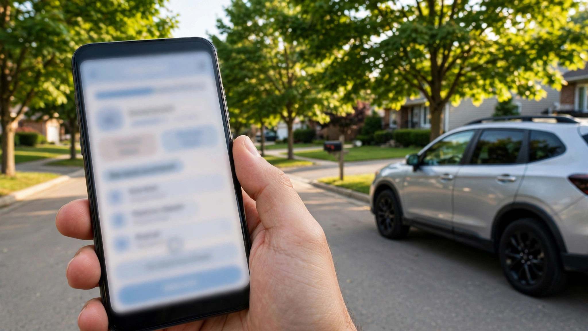 Person holding a smartphone with a G1 practice test app on a suburban Ontario street beside a parked car