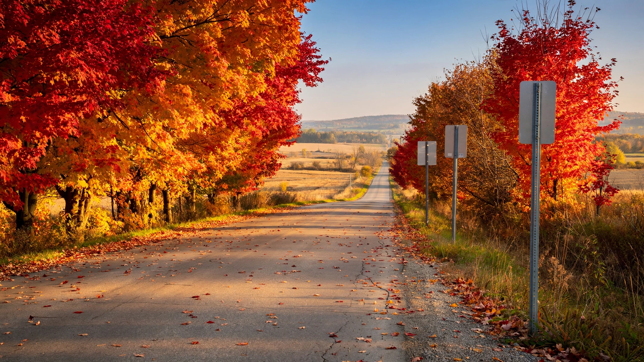 Rural Ontario two-lane road lined with autumn maple trees and road sign posts beside the road