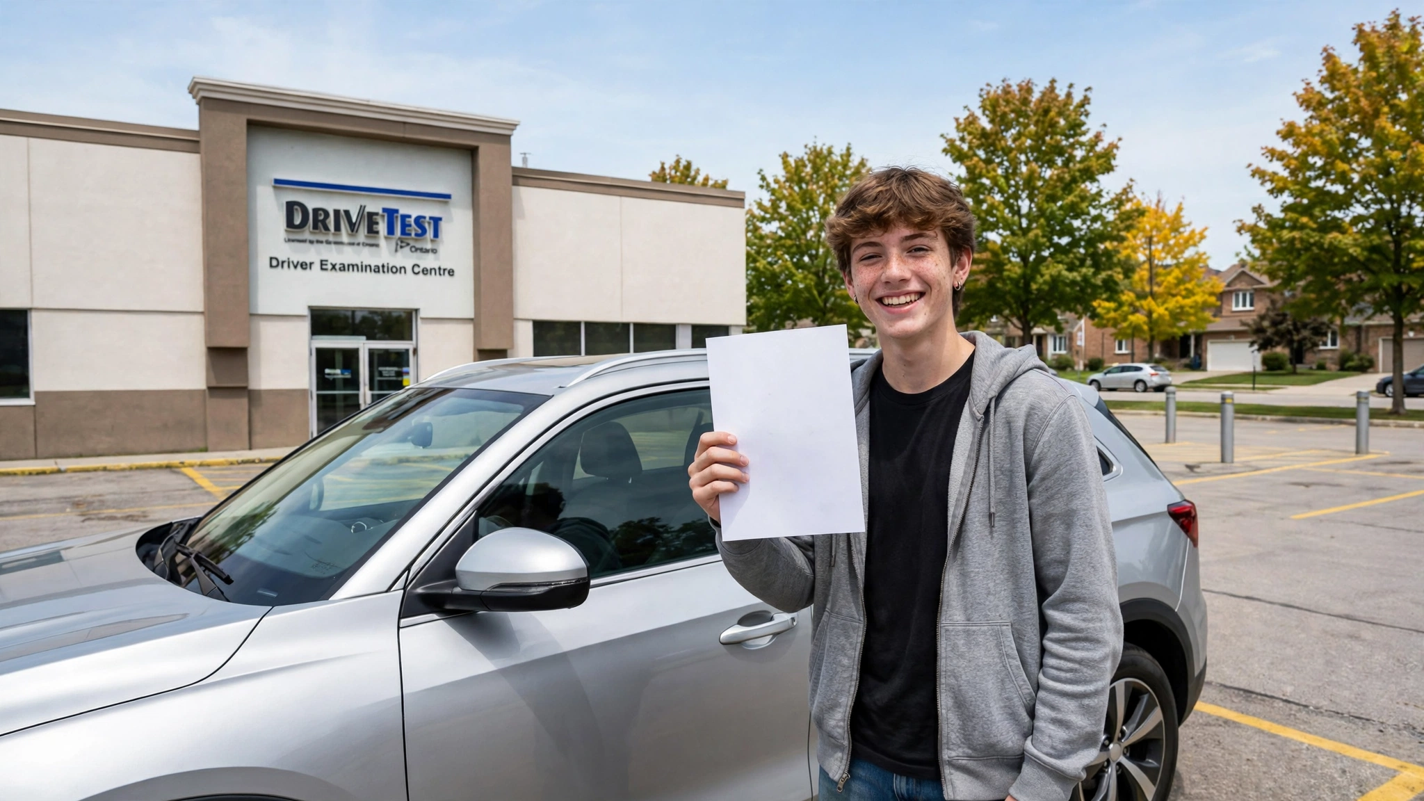 A smiling new driver holding their temporary paper licence outside an Ontario DriveTest centre after passing the G1 knowledge test