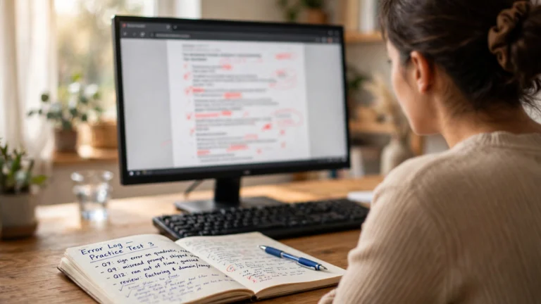 Person reviewing a marked G1 practice test on a desktop monitor with a handwritten error log notebook and pen on the desk