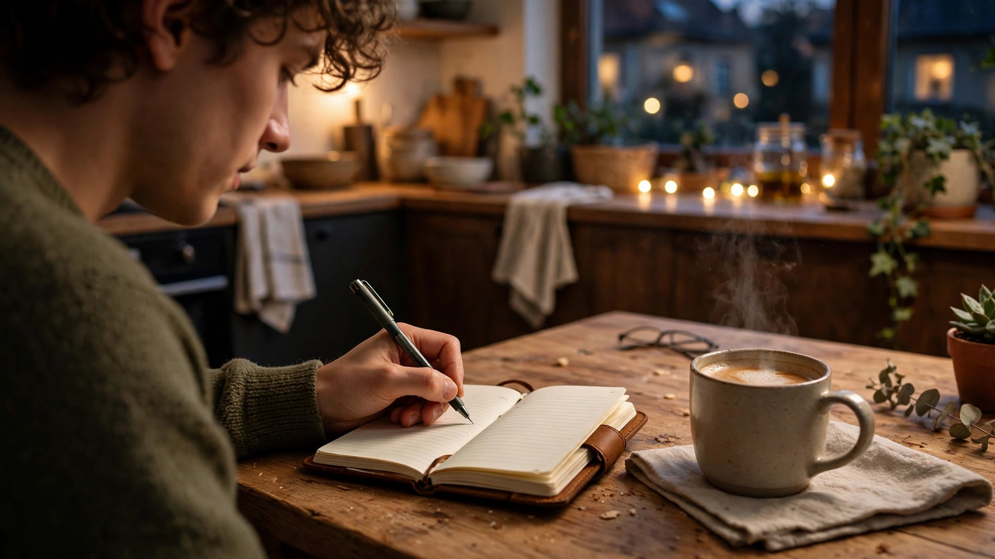 Person writing in a study journal at a kitchen table with a cup of coffee