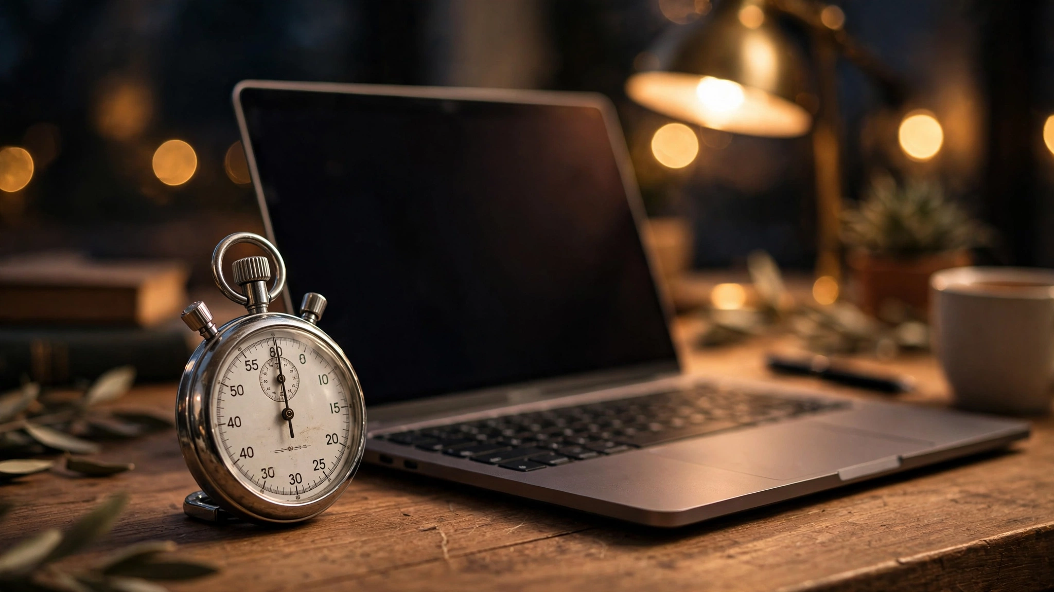 Stopwatch timer beside an open laptop on a wooden desk during an evening G1 study session