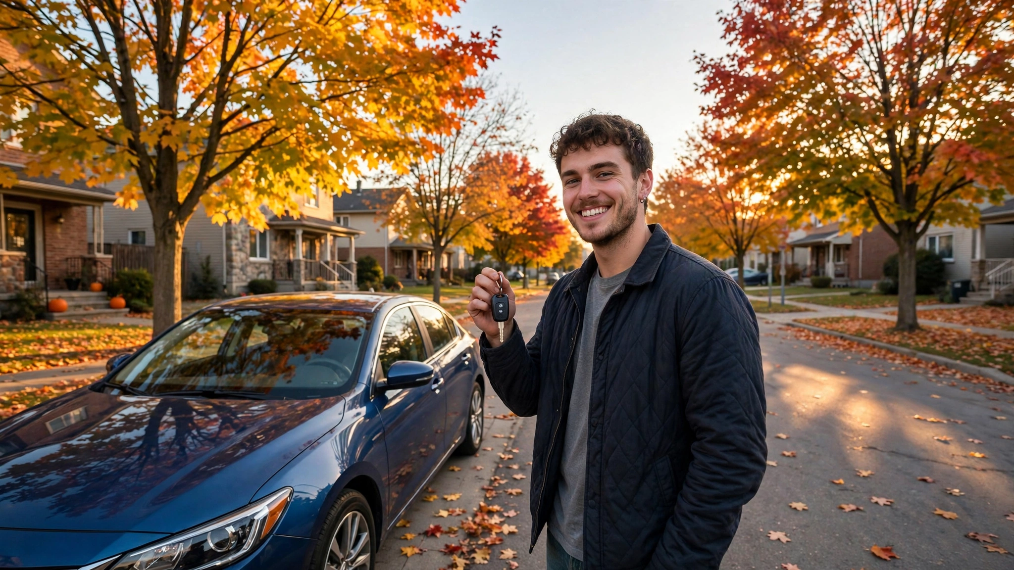 A smiling young driver holding car keys beside a sedan on a quiet autumn street in Ontario