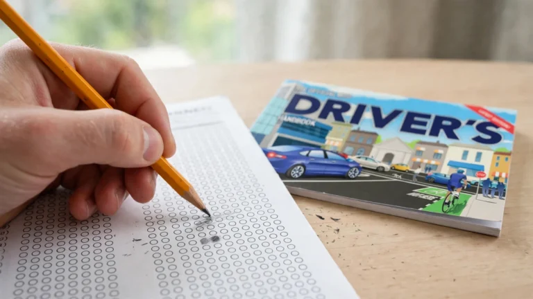 Hand shading in a bubble on a multiple choice answer sheet next to an Ontario driver's handbook