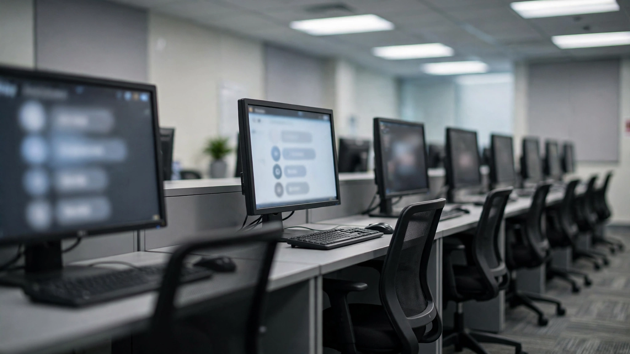 Row of computer workstations in an Ontario DriveTest test centre