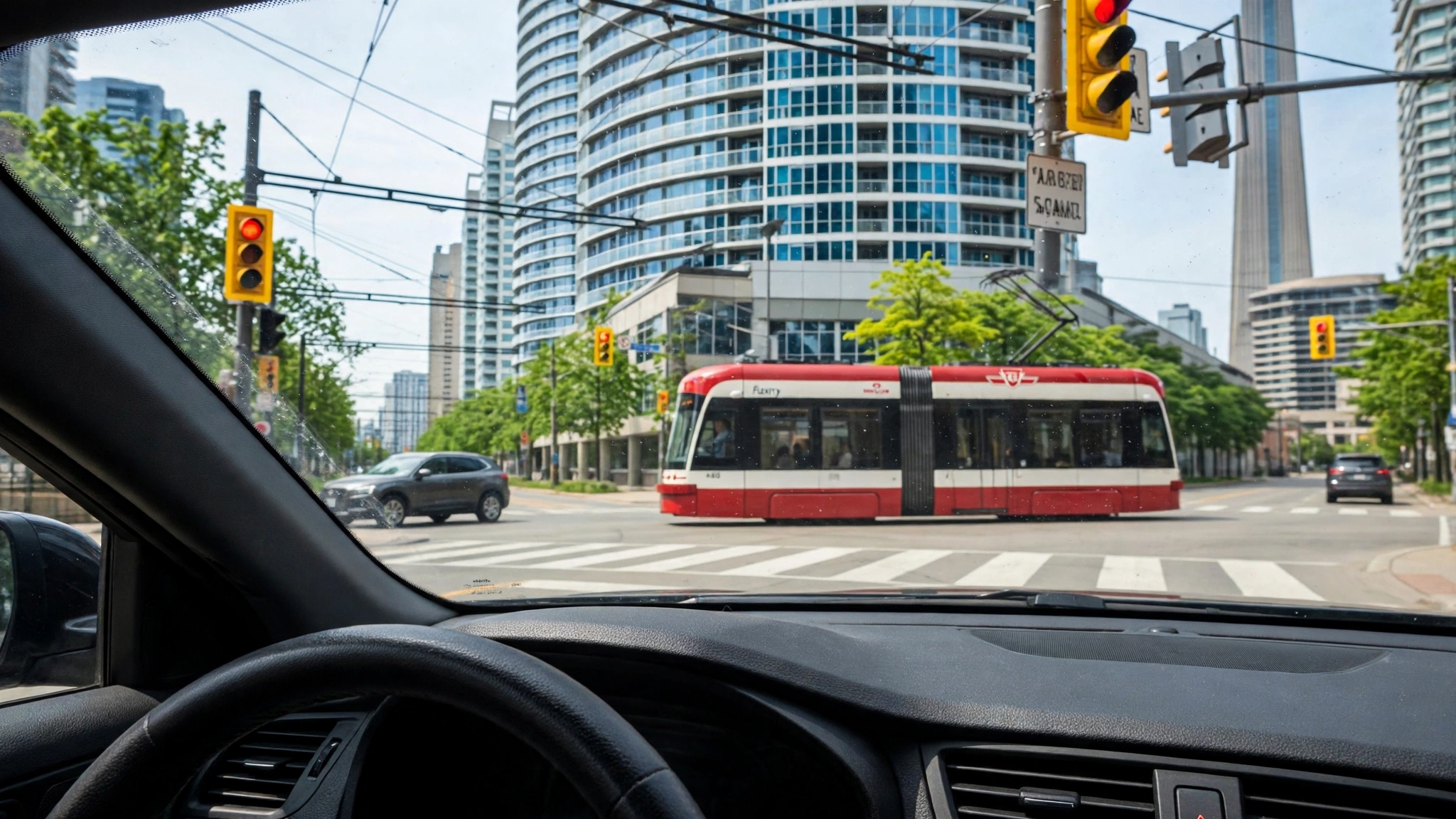Driver waiting at a Toronto intersection as a red streetcar crosses ahead