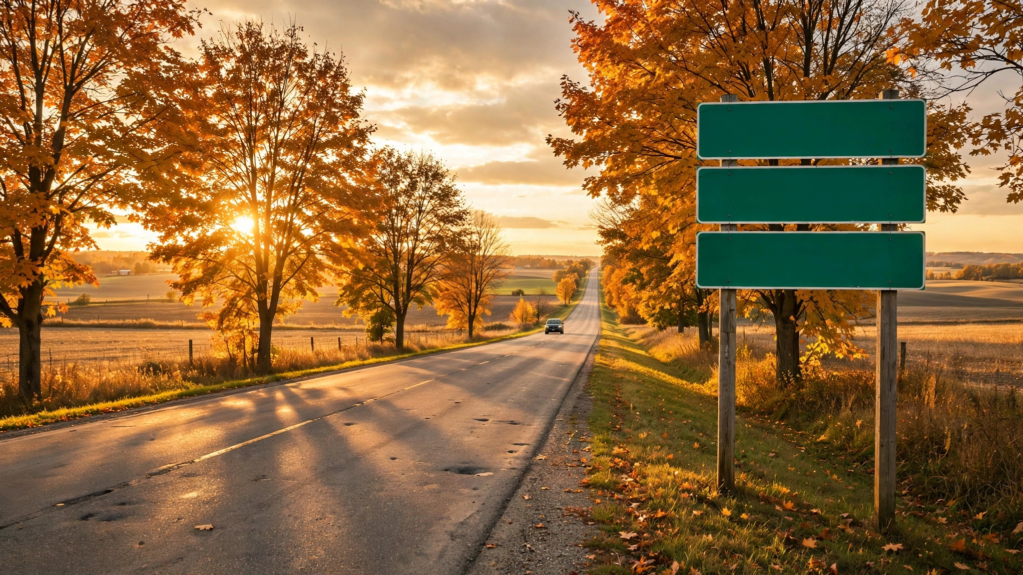 Rural Ontario highway with a sign post showing several directional road sign panels