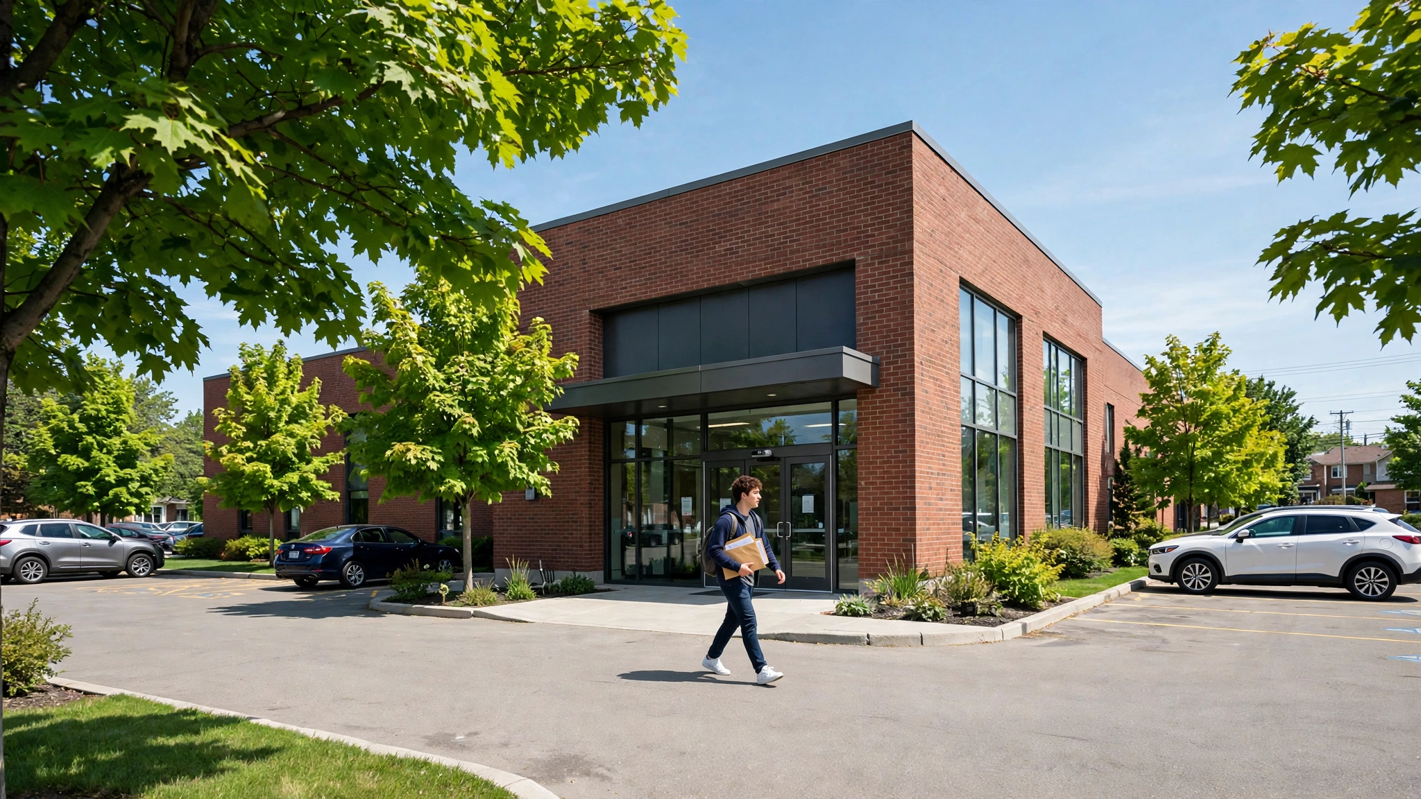 Young driver walking into an Ontario DriveTest centre carrying documents for a G1 licence application