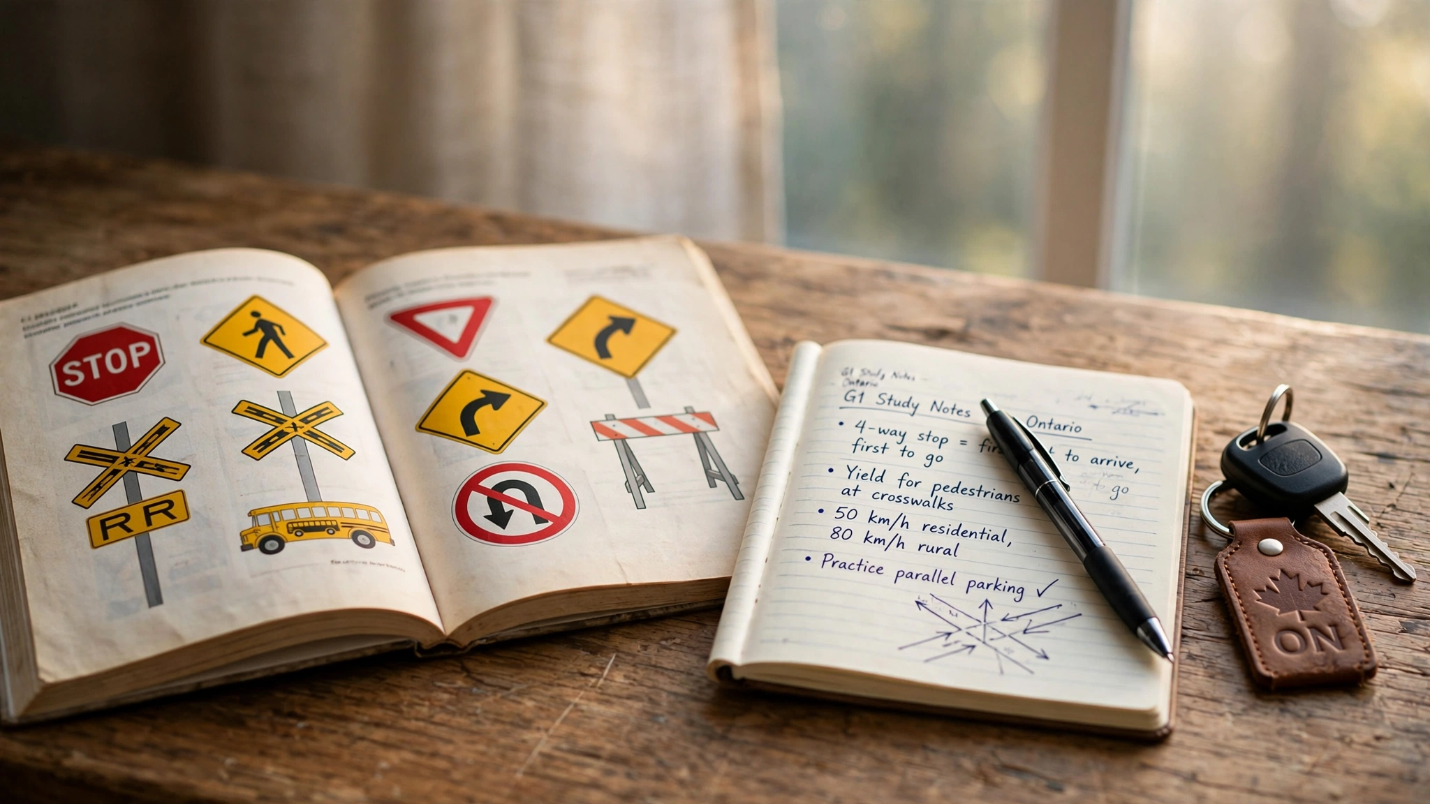 An open driver's handbook with road sign diagrams on a desk beside a notebook with handwritten notes, a pen, and car keys
