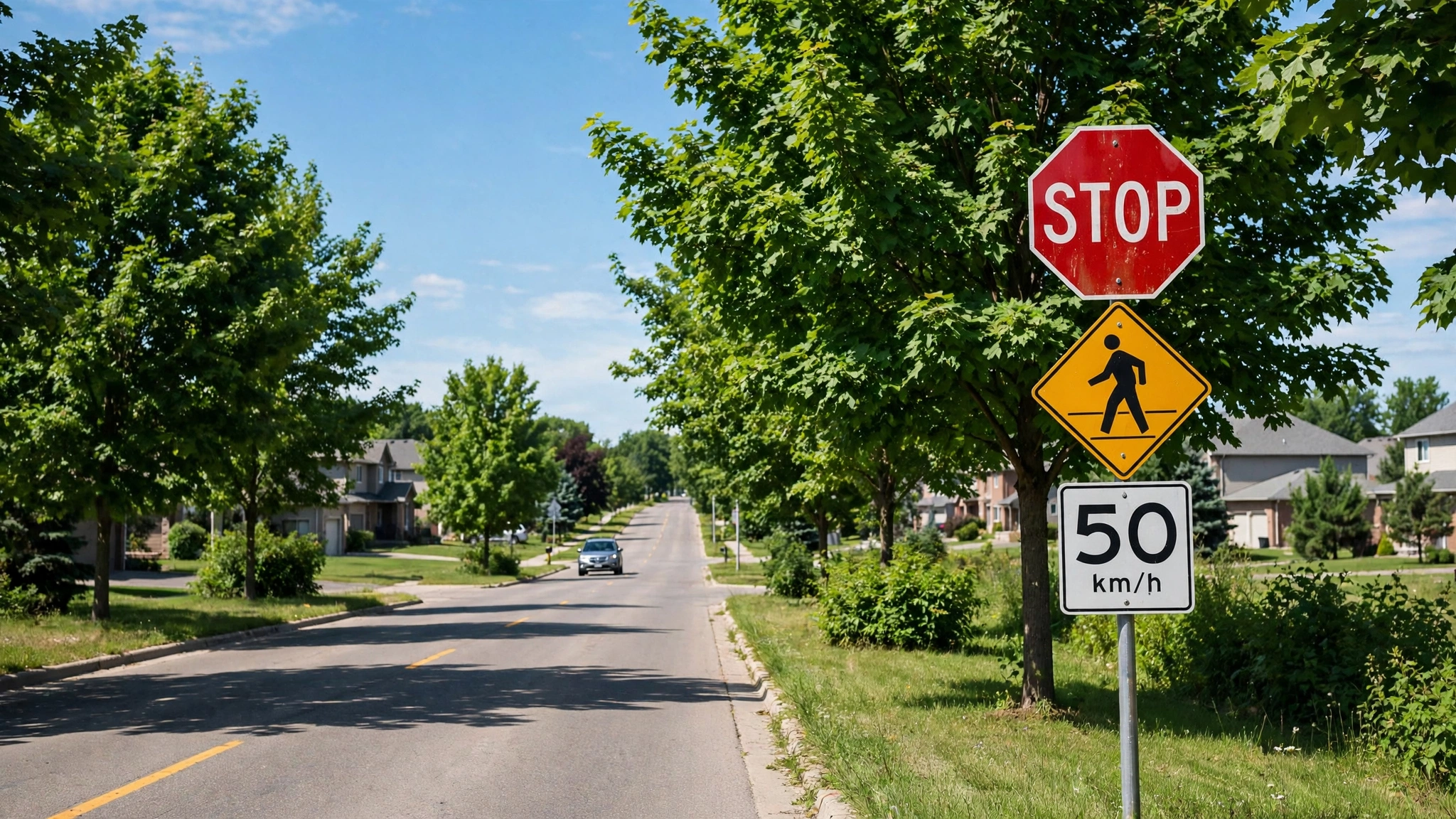 Ontario suburban road lined with a stop sign, a yellow warning sign and a speed limit sign under a blue sky
