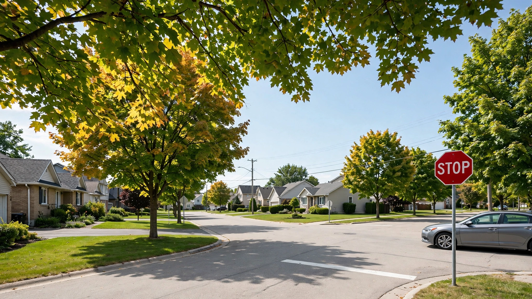 Red stop sign at a suburban Ontario intersection