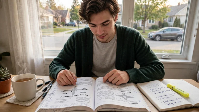 A young adult studying the Ontario driver’s handbook at a bright desk, with a suburban Ontario road visible through the window.