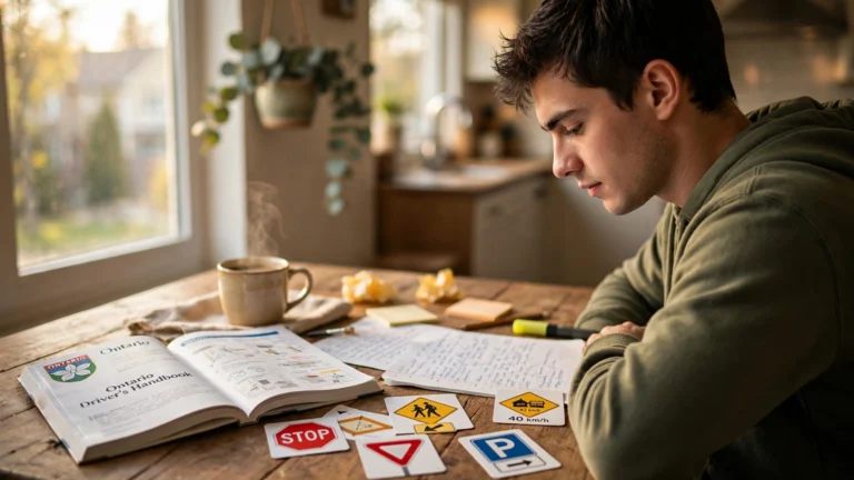 Young adult studying for the Ontario G1 test at a kitchen table with the Ontario Driver's Handbook open beside handwritten notes and road sign flashcards