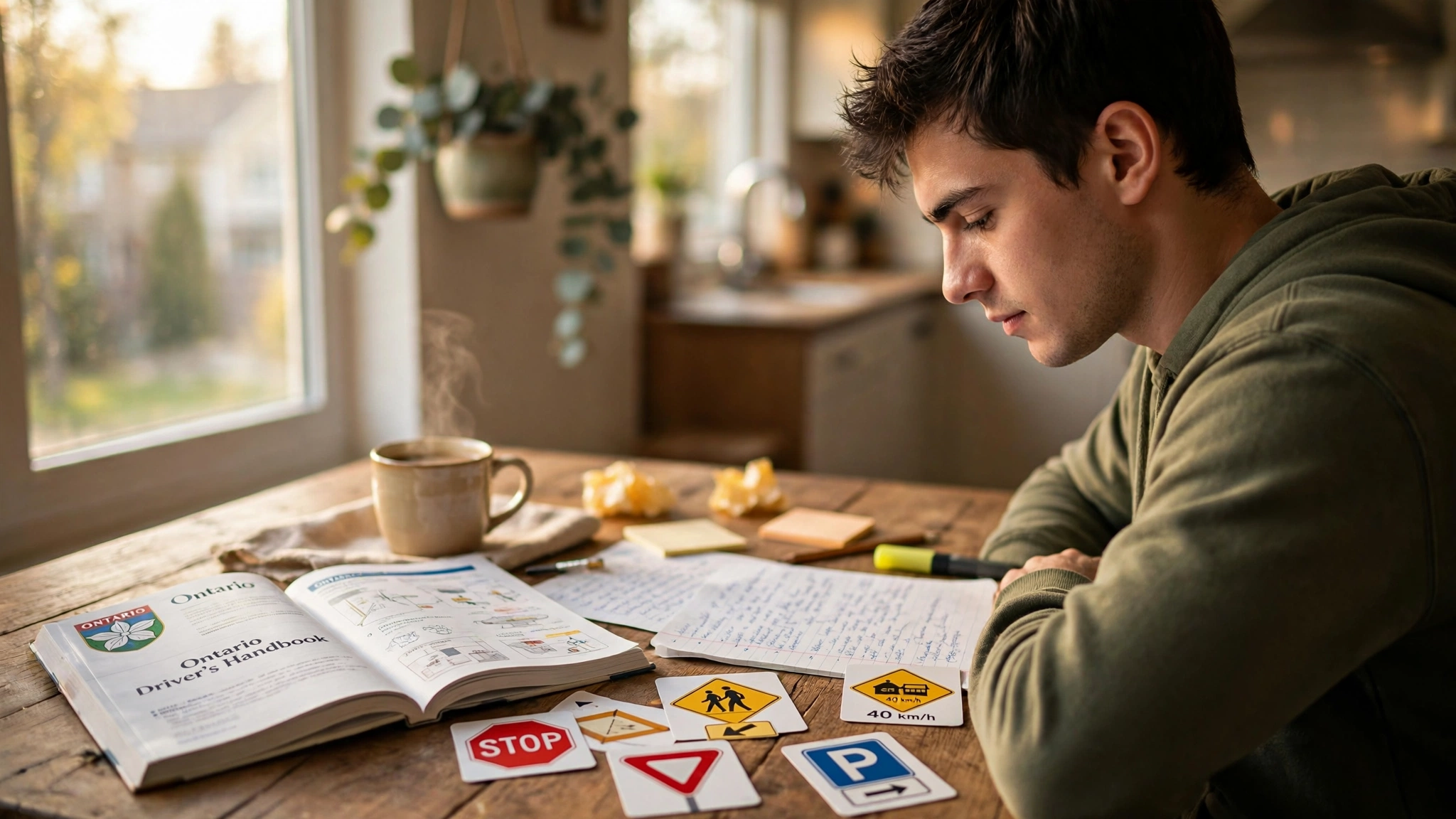 Young adult studying for the Ontario G1 test at a kitchen table with the Ontario Driver's Handbook open beside handwritten notes and road sign flashcards
