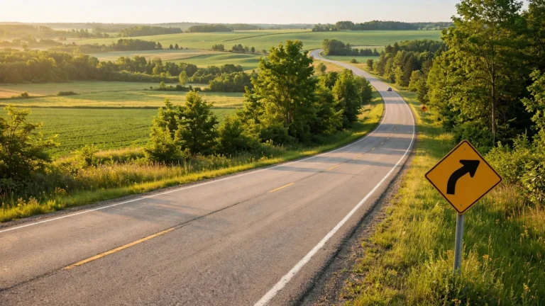 Yellow diamond curve-ahead warning sign beside a rural Ontario highway at sunrise