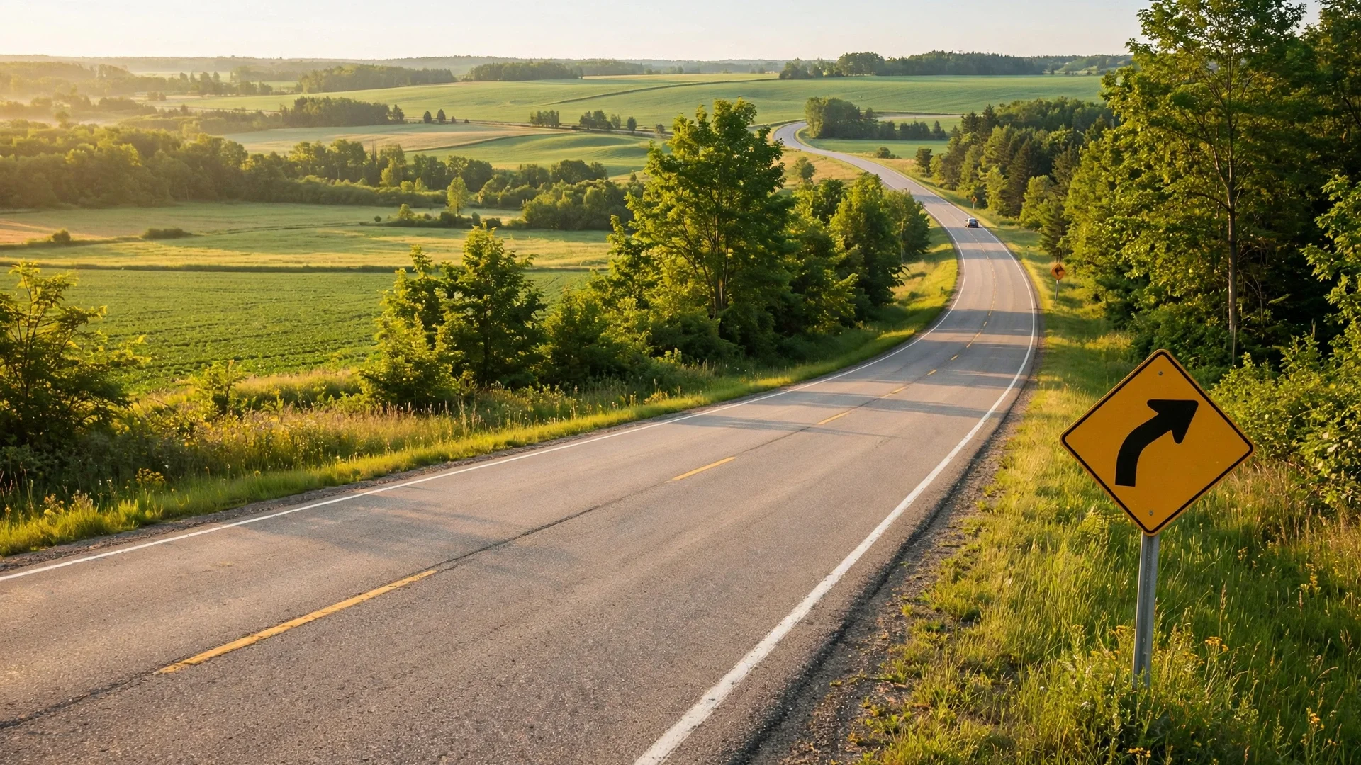 Yellow diamond curve-ahead warning sign beside a rural Ontario highway at sunrise