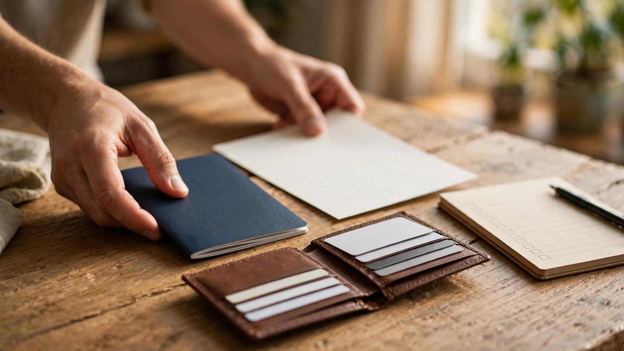 Hands organizing a passport, birth certificate, and wallet on a table while preparing G1 test documents