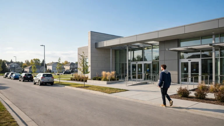 New driver walking into a DriveTest centre in Ontario with a document folder on G1 test day