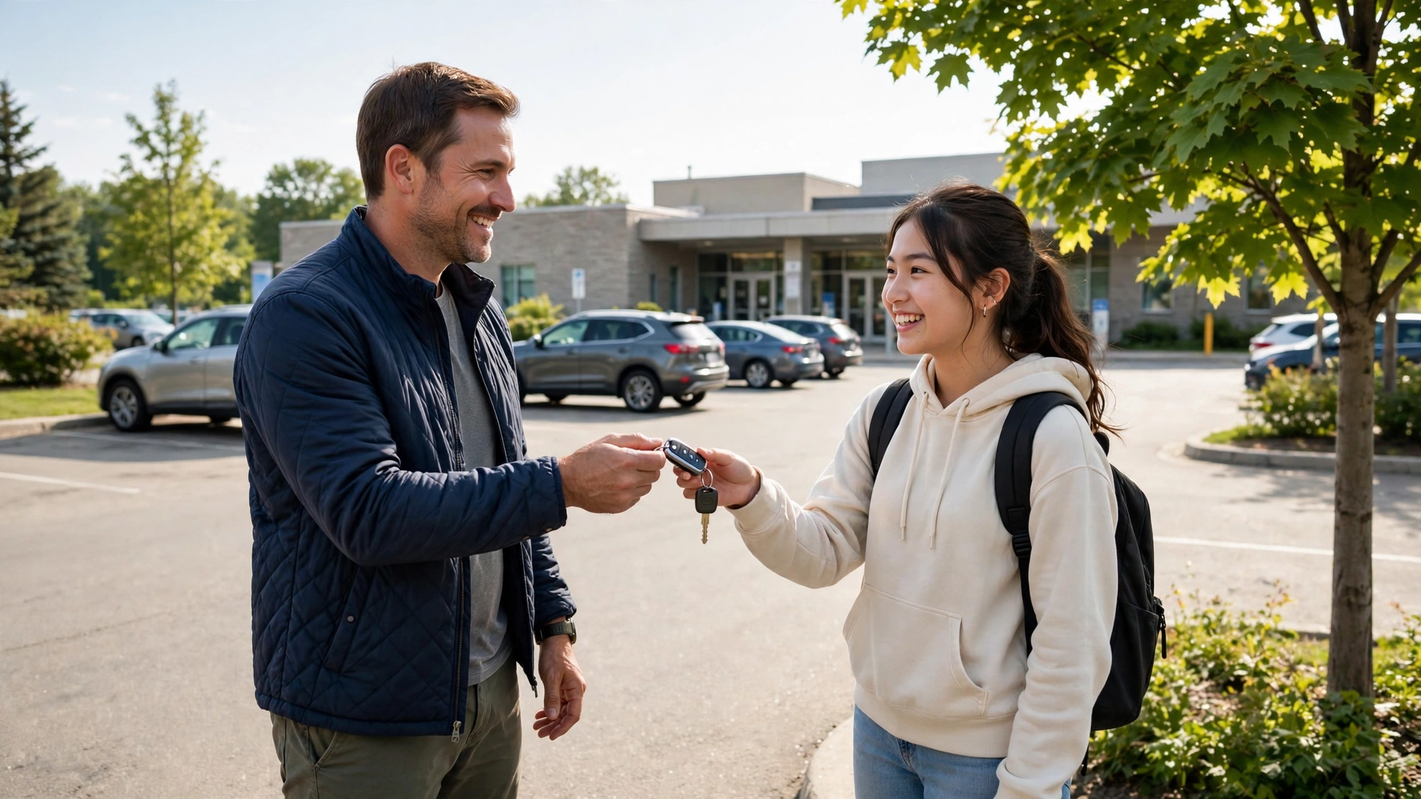 Parent handing car keys to a teenager in a DriveTest centre parking lot on G1 test day