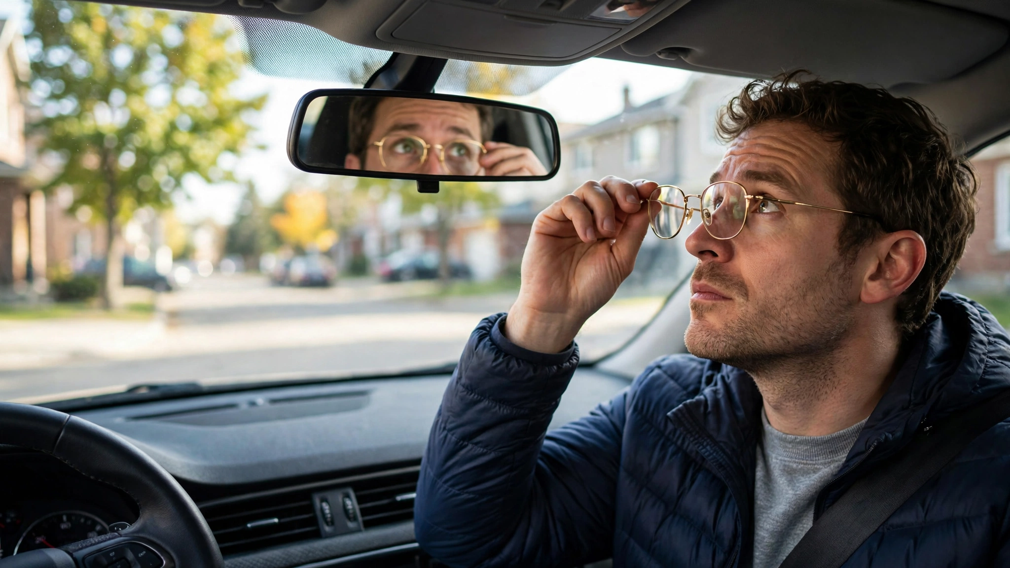 Driver putting on eyeglasses in a parked car before the G1 vision screening
