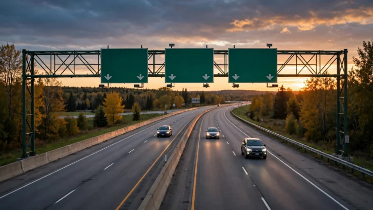 Overhead green direction signs above an Ontario highway at dusk
