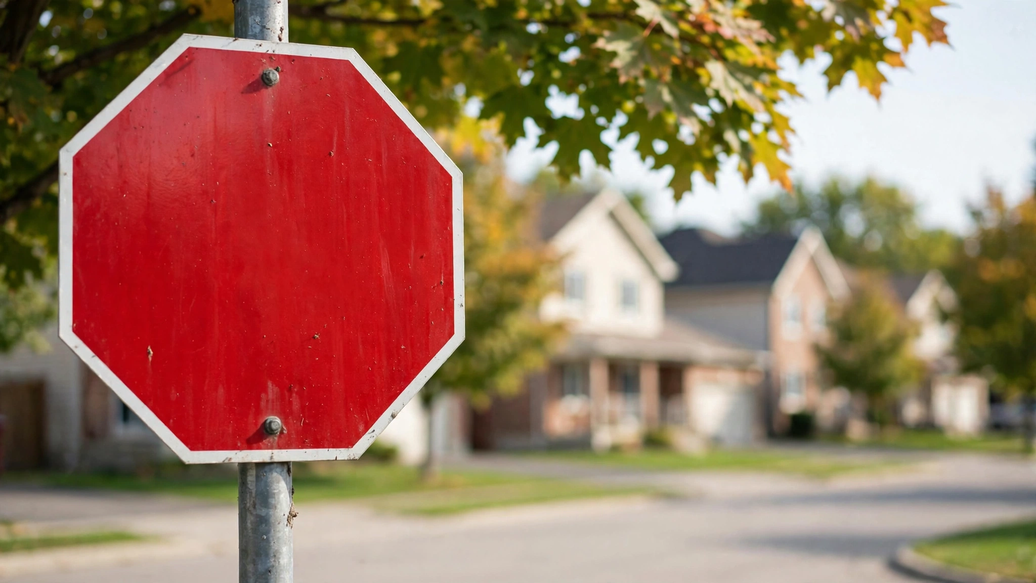 Close-up of a red octagonal stop sign at an Ontario suburban intersection