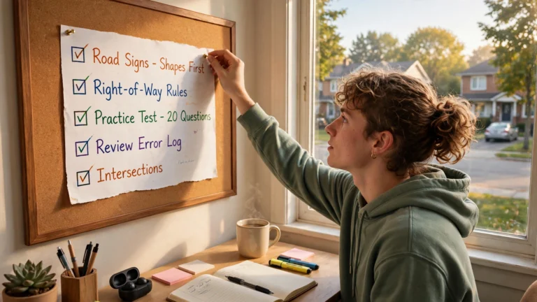A young person pinning a G1 study checklist to a corkboard, with an Ontario suburban street visible through the window.