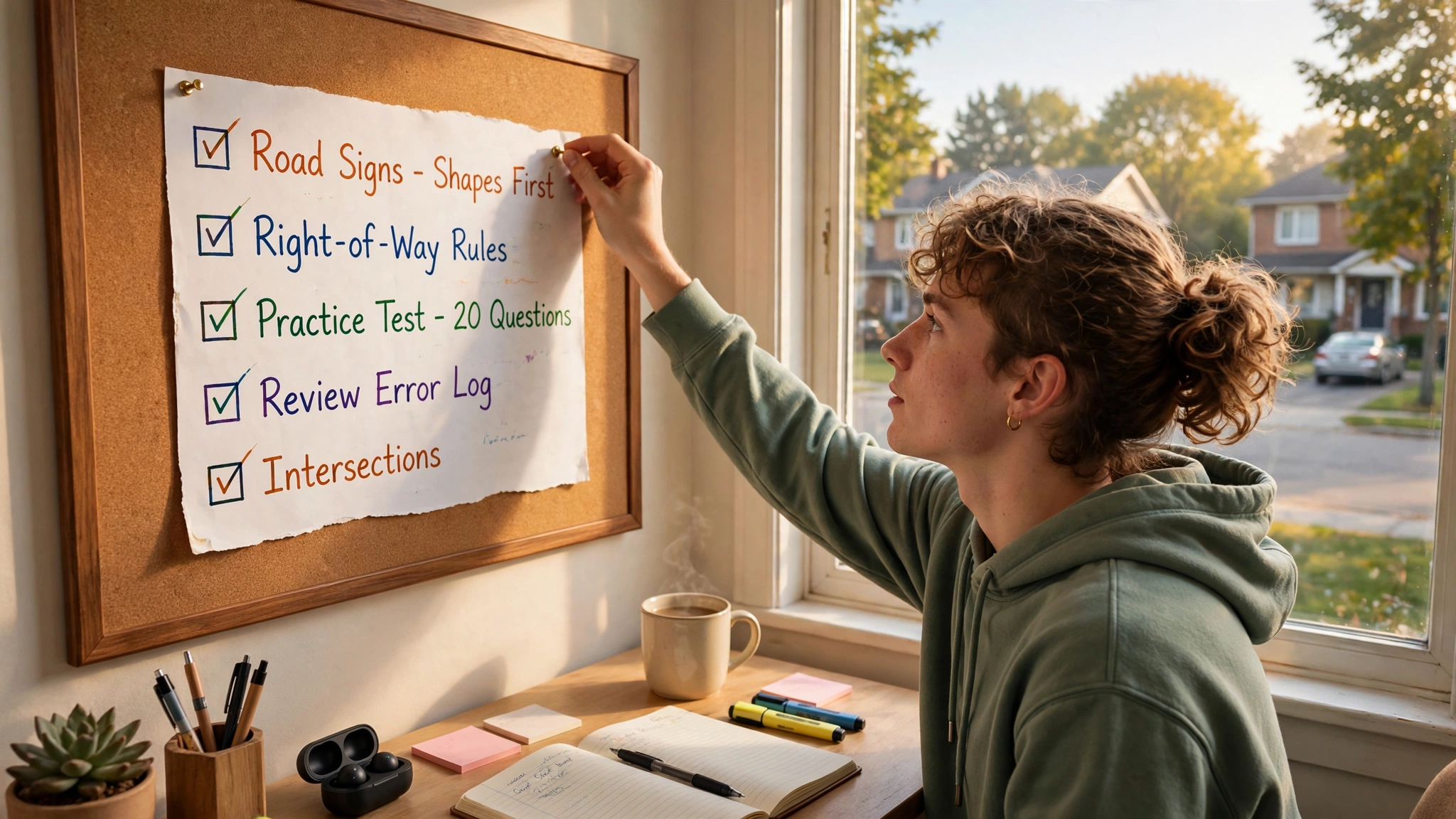 A young person pinning a G1 study checklist to a corkboard, with an Ontario suburban street visible through the window.
