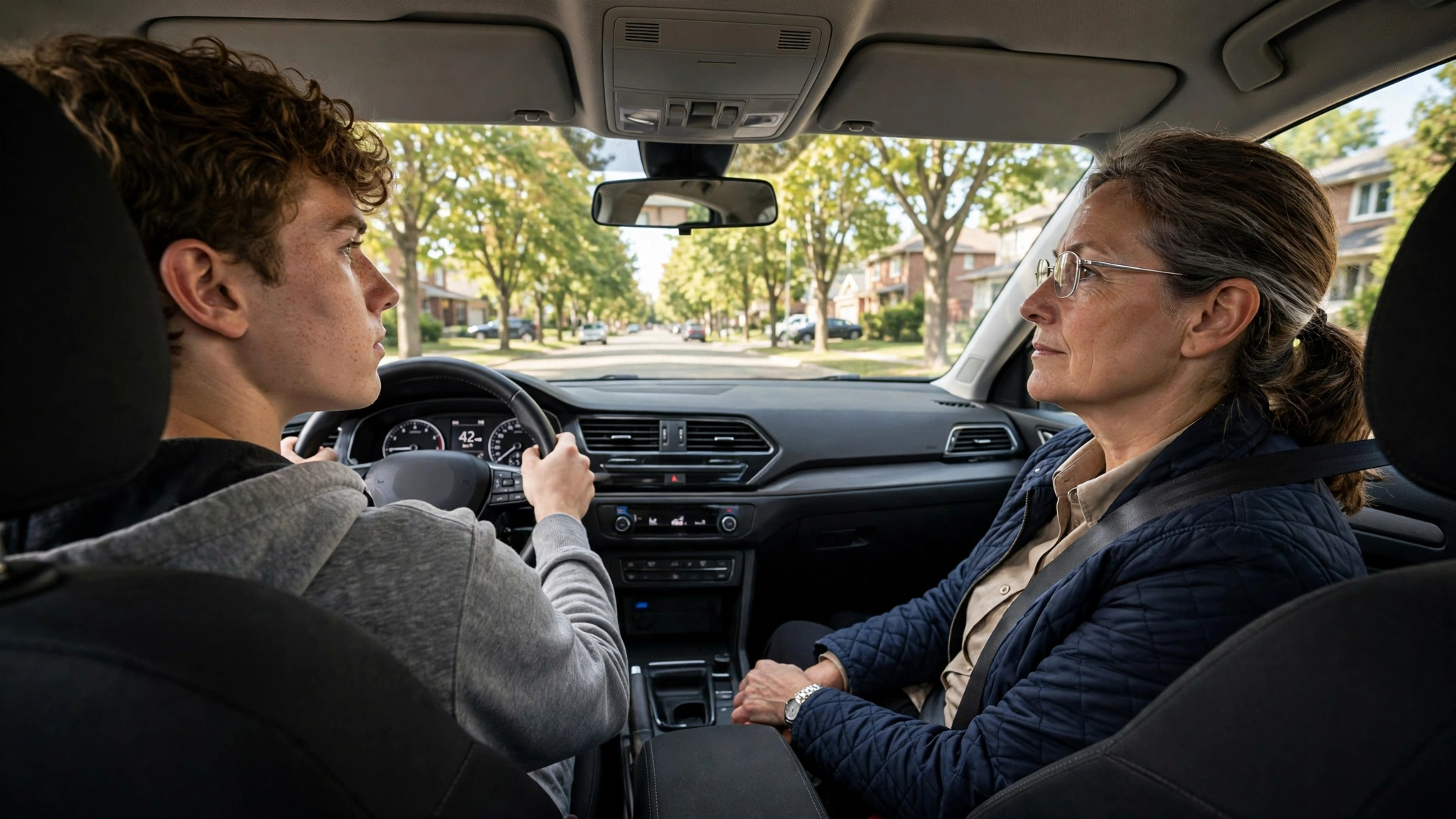 A learner driver practising with a licensed passenger on a quiet tree-lined suburban street in Ontario.