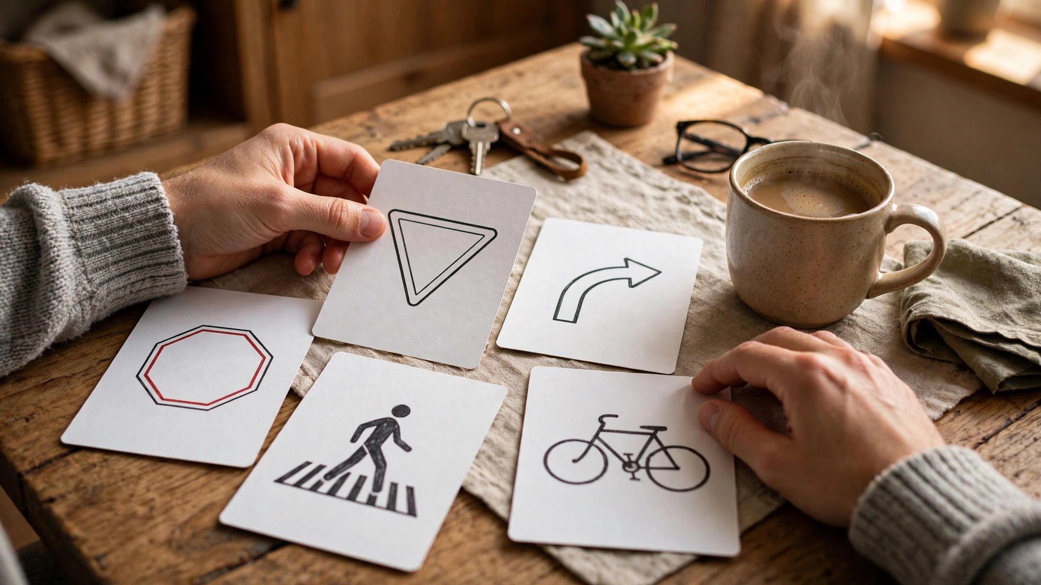 Hands reviewing paper flashcards showing road-sign symbols on a kitchen table with a coffee mug.