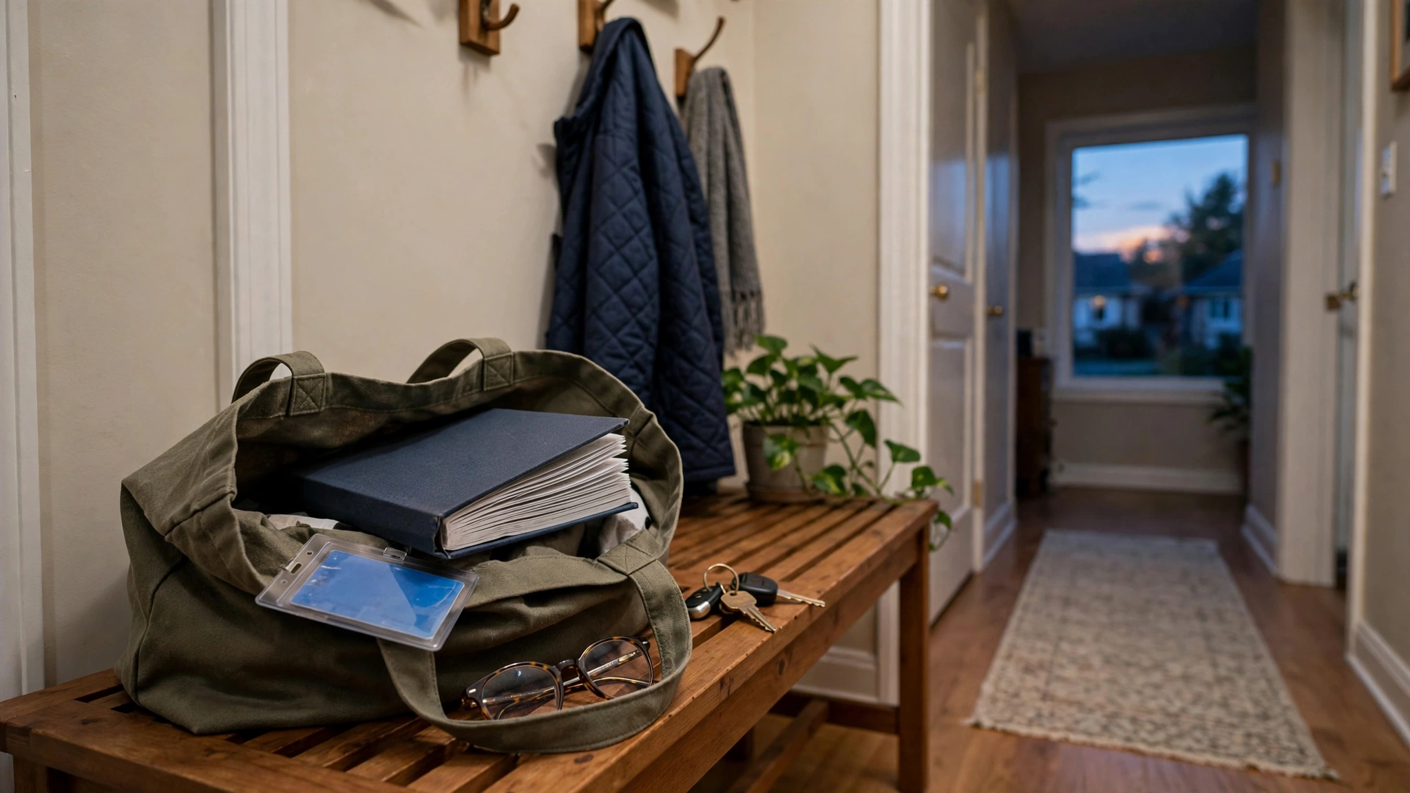 A bag packed the night before the G1 test on a hallway bench, with an ID card, eyeglasses, a folded driver&rsquo;s handbook, and keys.