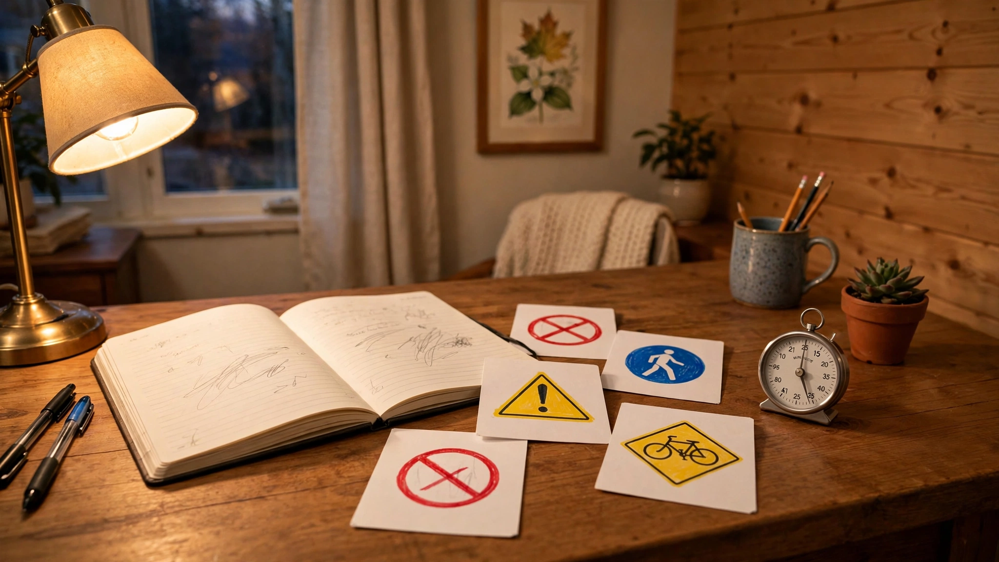 A study desk with an open notebook, road-sign flashcards, and a small kitchen timer set for a 25-minute study session.