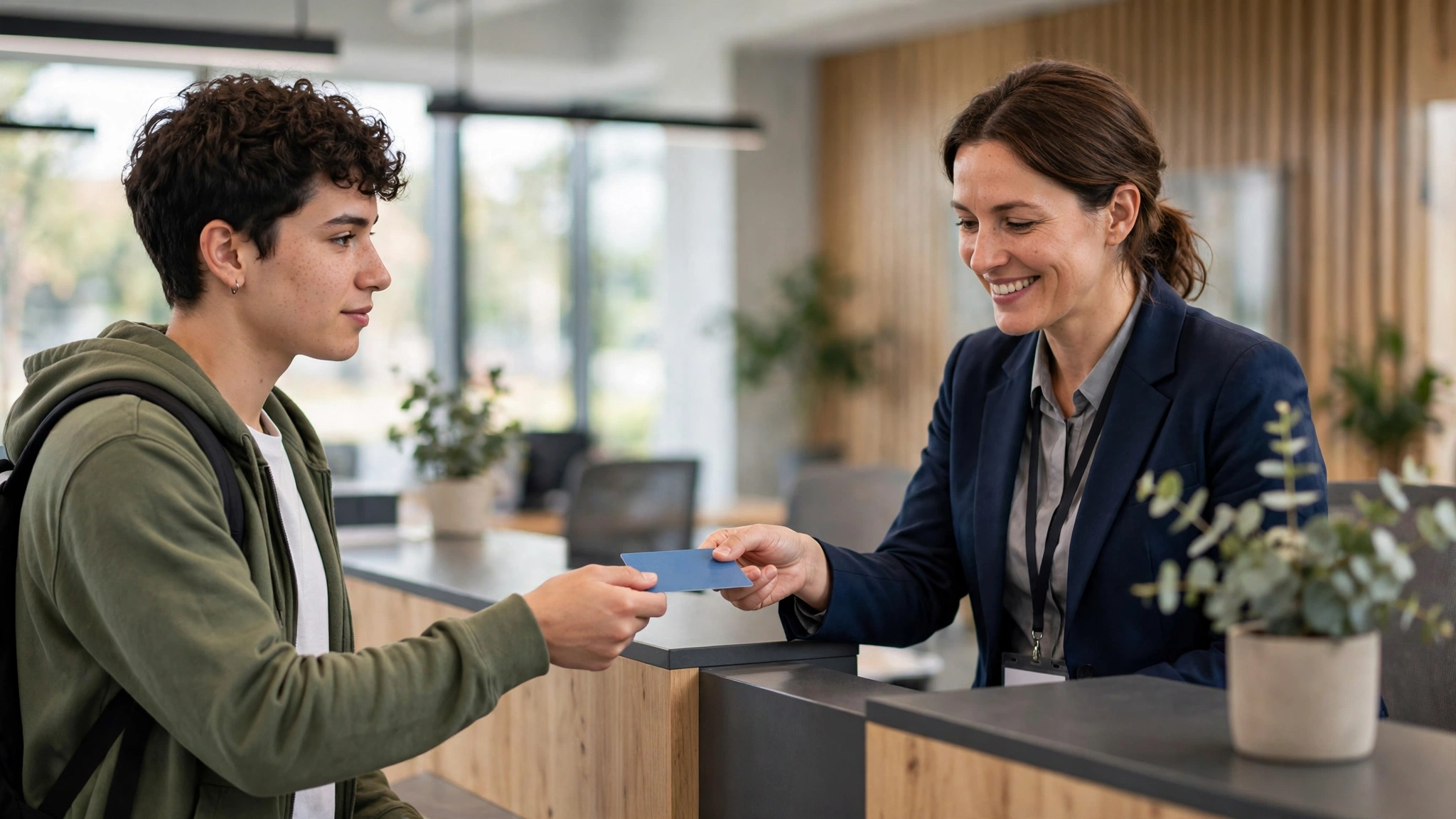 Applicant handing ID documents to a staff member at a DriveTest service counter