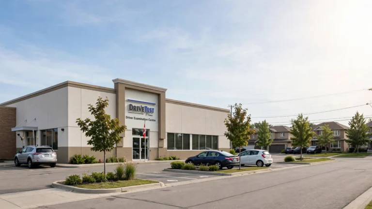 Exterior of an Ontario DriveTest driver examination centre on a clear day