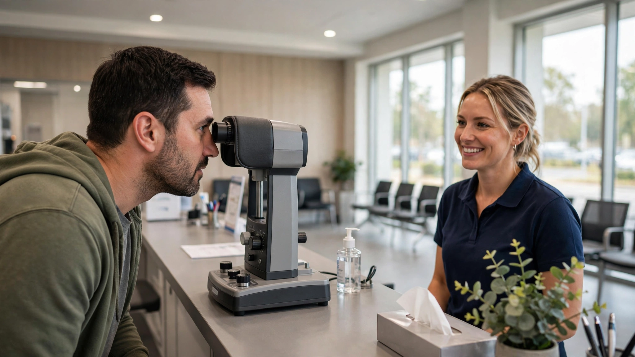 Person looking into a vision-testing viewfinder machine at a DriveTest centre