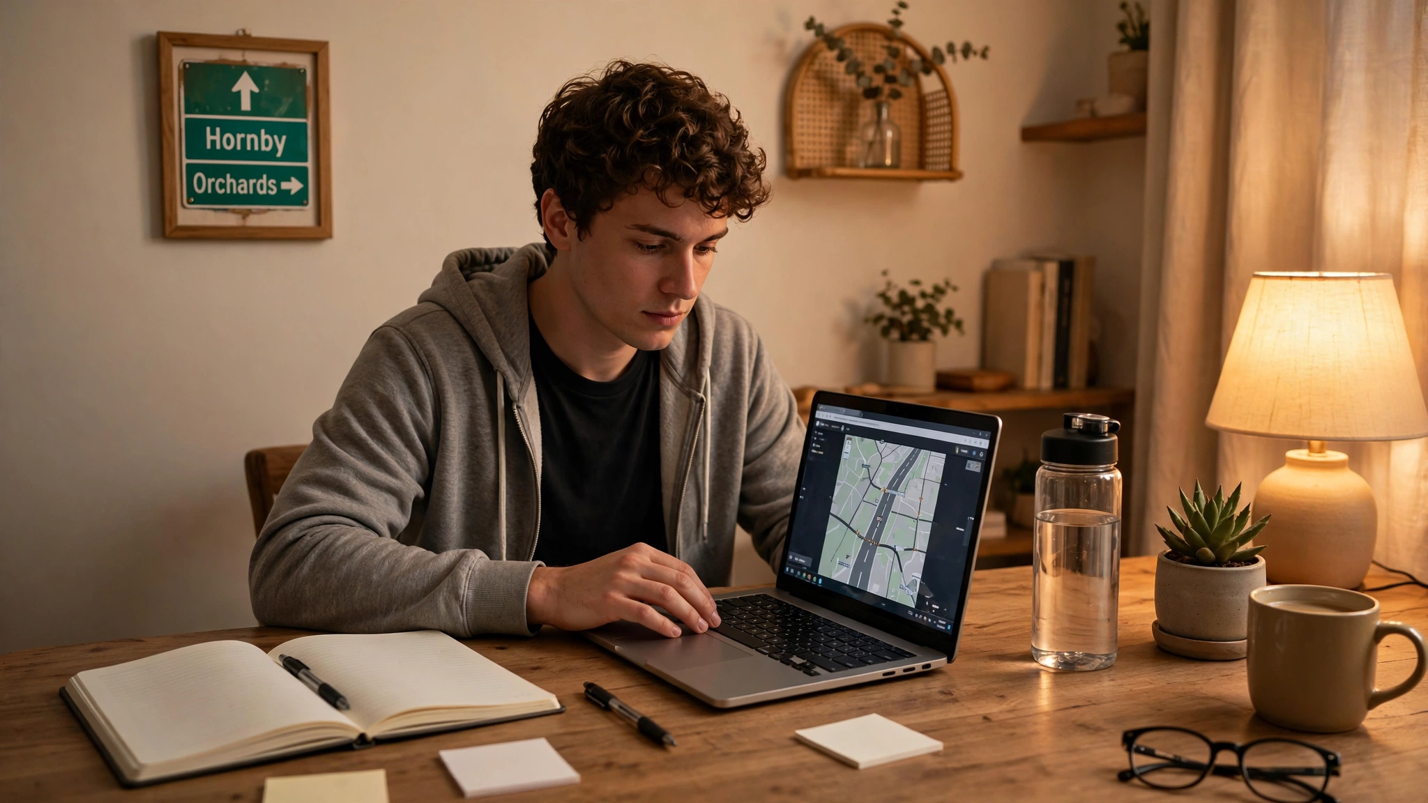 Person studying for the Ontario G1 knowledge test on a laptop at a home desk with a notebook and road sign poster
