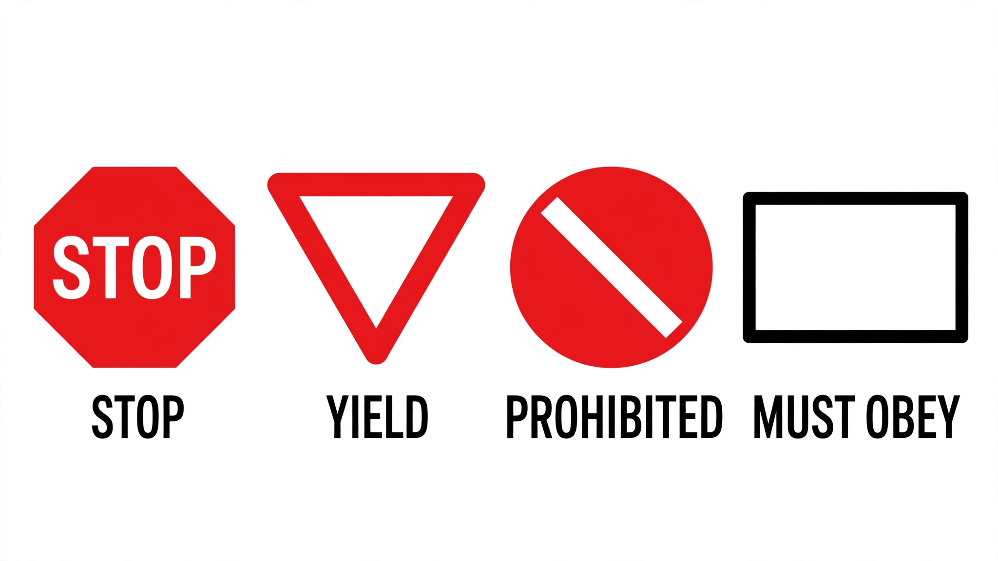 Infographic showing four regulatory sign shapes: a red octagon labelled stop, an inverted triangle labelled yield, a red circle with a diagonal slash labelled prohibited, and a white rectangle labelled must obey