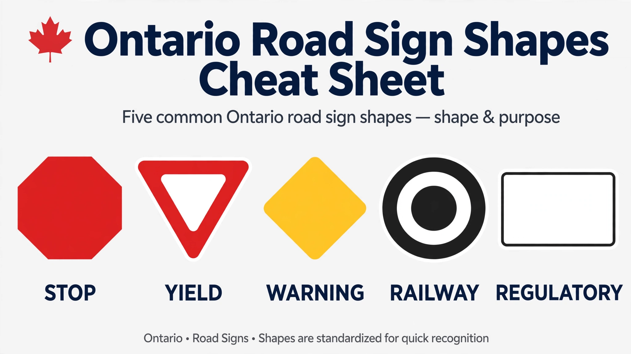 Cheat sheet infographic showing five Ontario road sign shapes and their meanings: octagon for stop, inverted triangle for yield, diamond for warning, circle for railway, and rectangle for regulatory