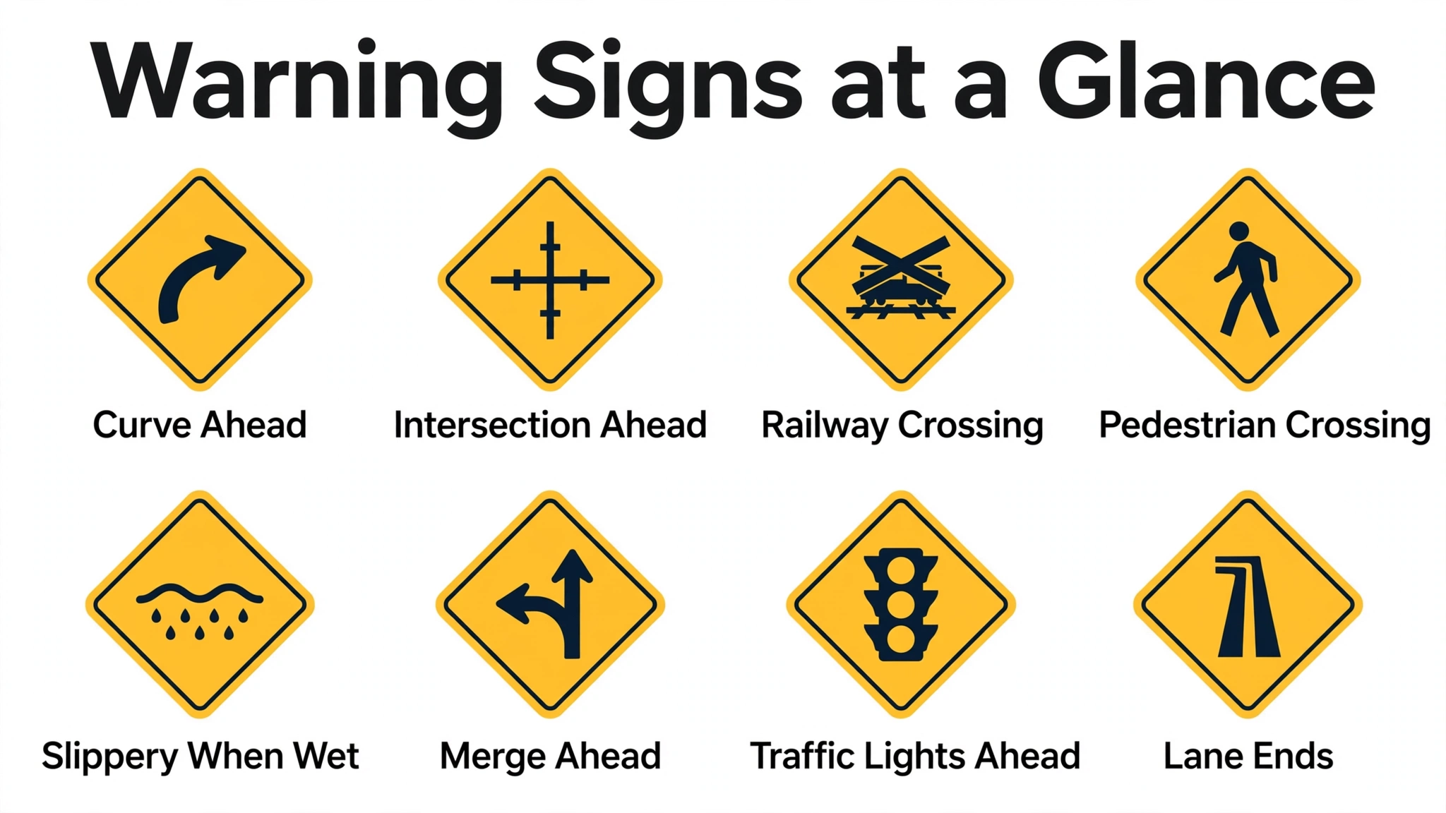 Infographic chart of eight common Ontario warning signs: curve ahead, intersection ahead, railway crossing, pedestrian crossing, slippery when wet, merge ahead, traffic lights ahead, and lane ends