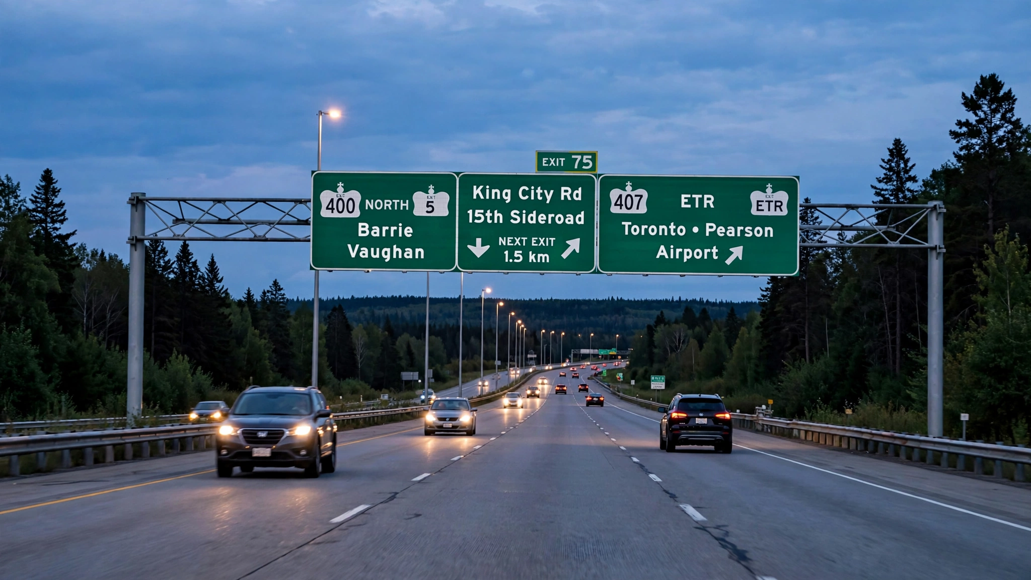 Overhead green direction signs on an Ontario 400-series highway at dusk