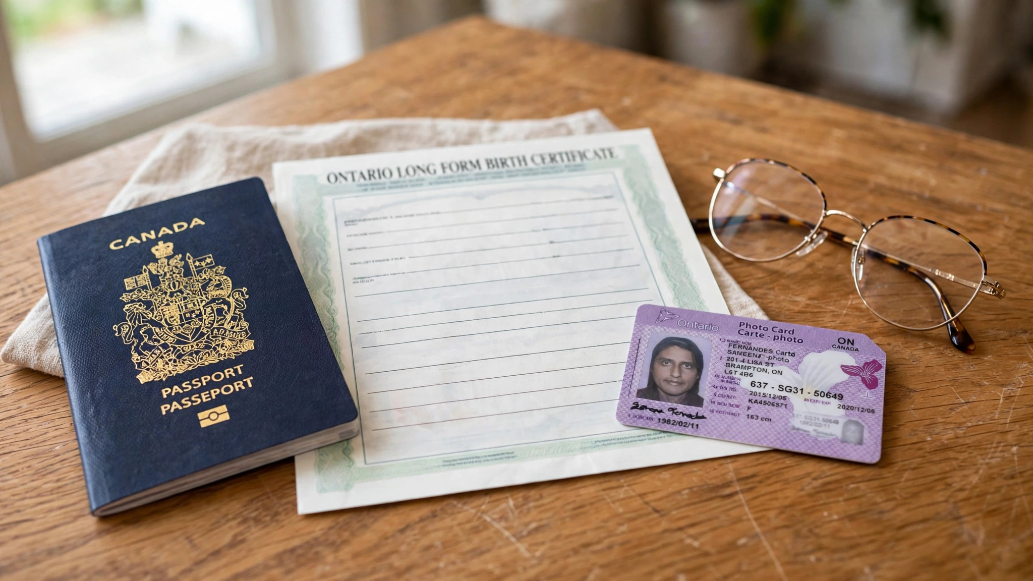 Canadian passport, Ontario birth certificate, and Ontario photo card laid out on a desk with reading glasses