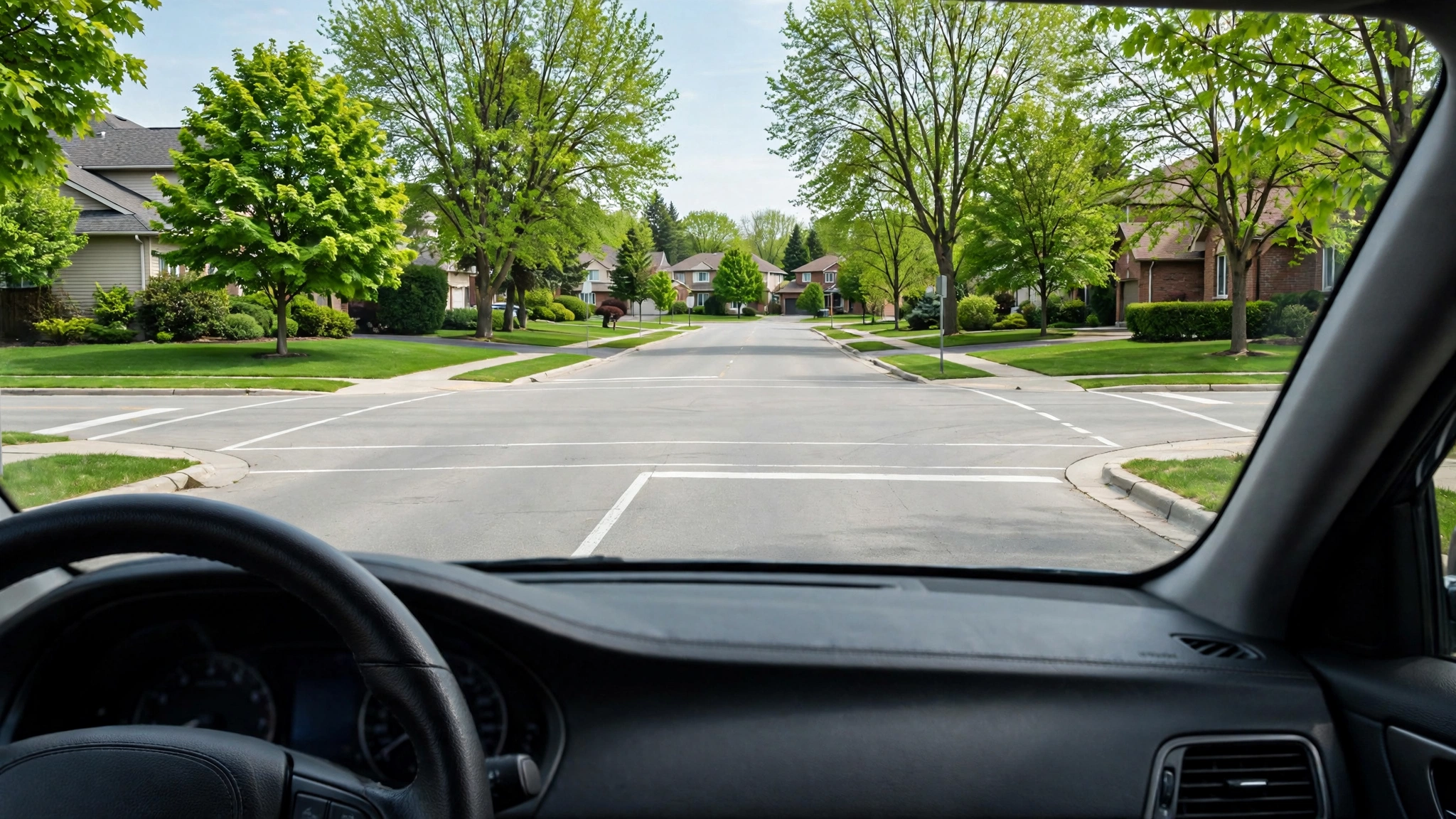 Driver’s view approaching a four-way stop intersection in an Ontario suburb on a clear day.