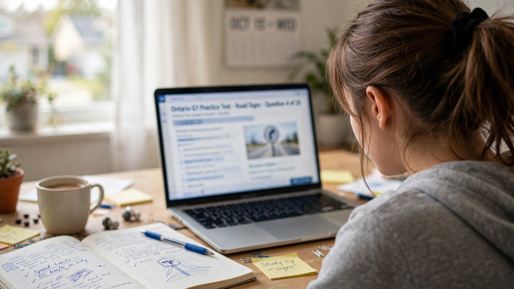 Young woman taking an online G1 practice test on a laptop at a home desk with study notes beside her