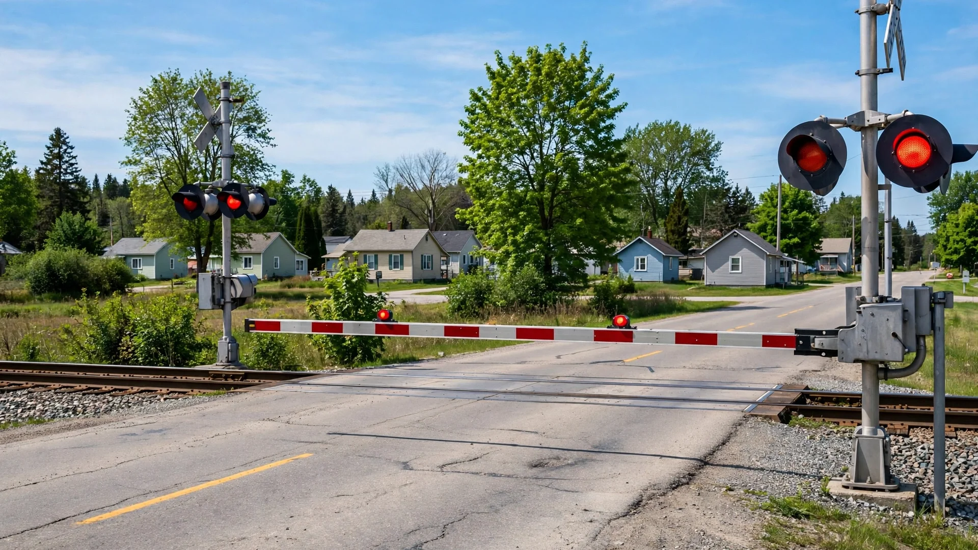 Railway crossing in an Ontario town with flashing red signals and a lowered barrier arm