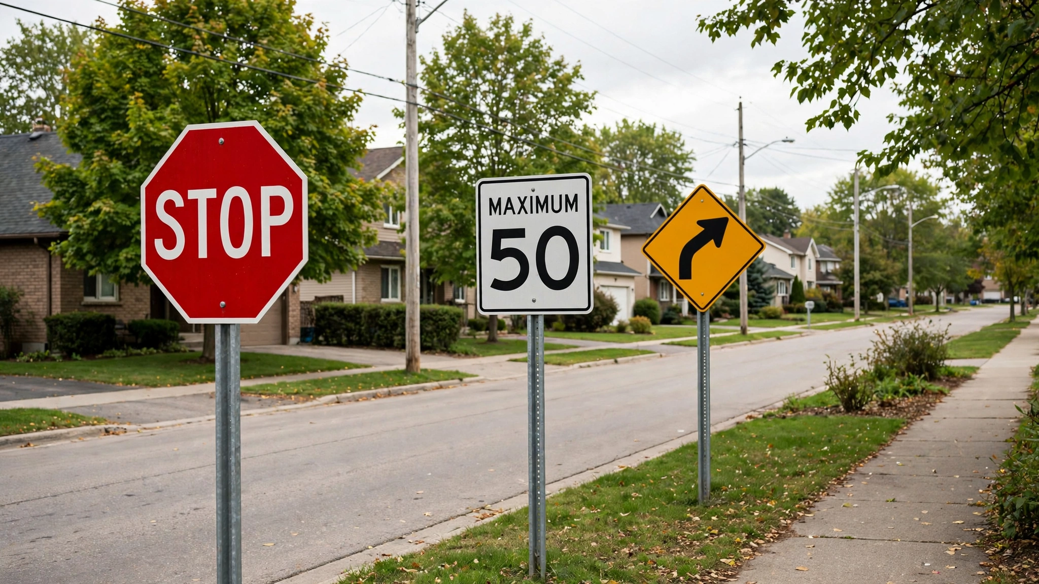 A row of Ontario road signs including a stop sign, speed limit sign, and curve warning sign on a suburban street