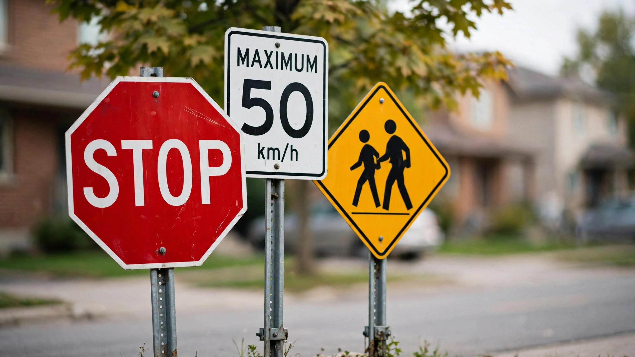 Ontario road signs including a stop sign, a speed limit sign and a warning sign on posts at a suburban street corner.