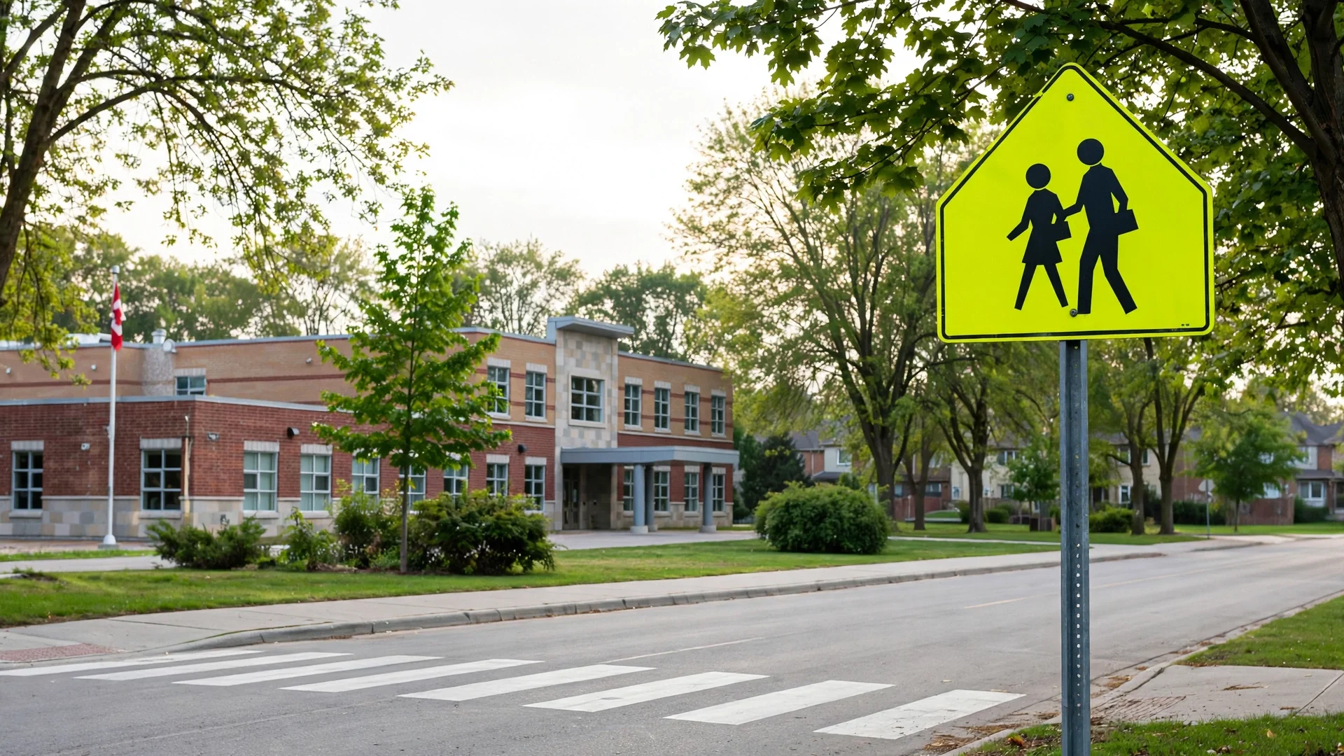 Fluorescent yellow-green school crossing sign in front of an Ontario school