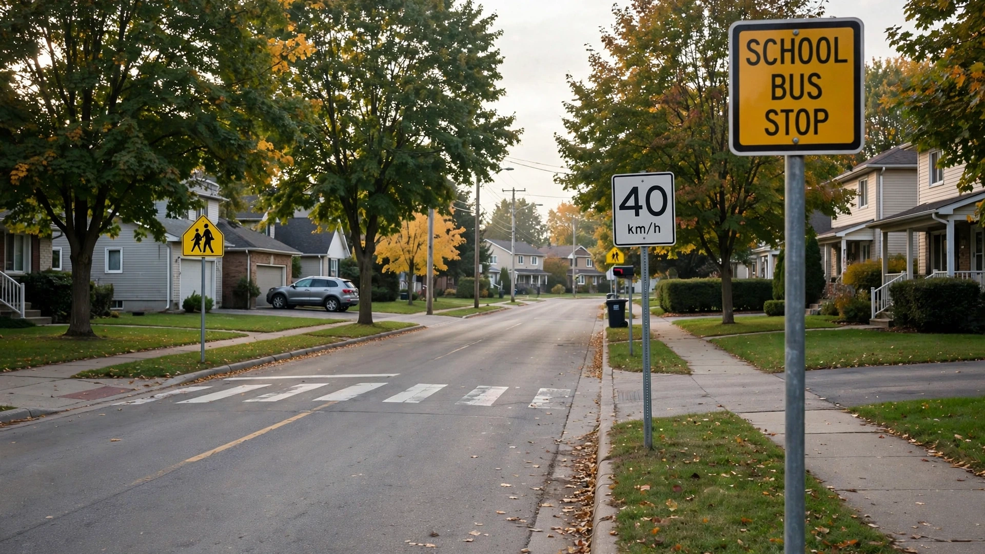 School zone signs including a school bus stop sign on an Ontario residential street