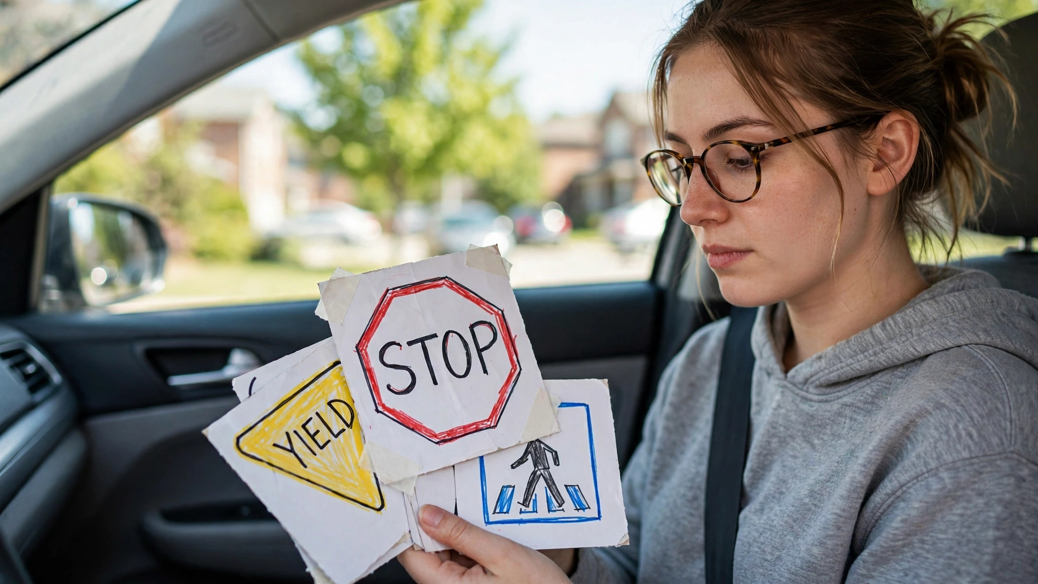 Learner driver studying handmade Ontario road sign flashcards in a parked car